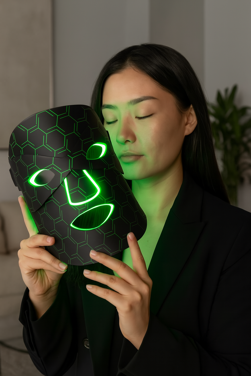 “Femme utilisant le masque LED AuraLight™ anti-rougeurs et Résultat après utlisation  du masque LED visage éclat
